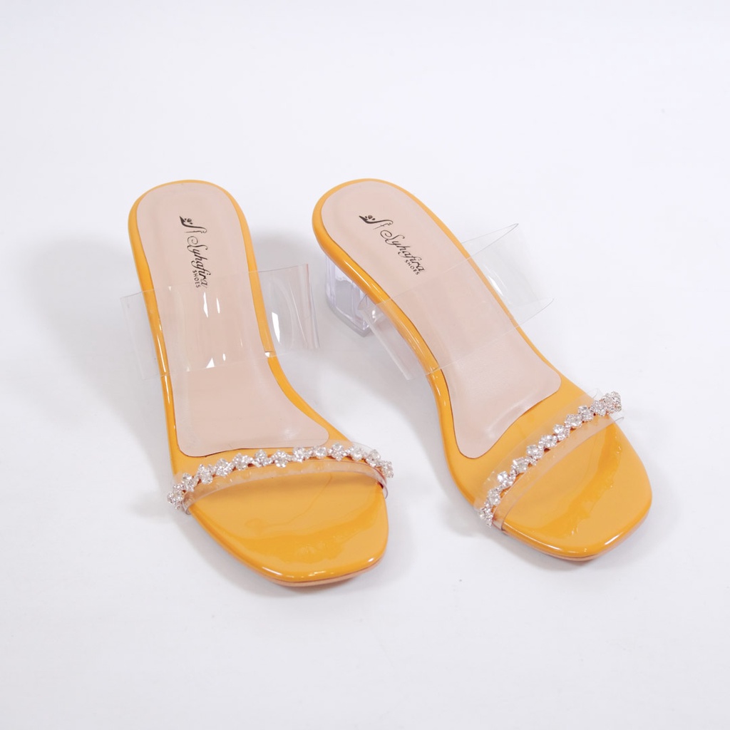 Syhafira - Azhura Sandal Heels Wanita Transfaran warna kuning mustard heels 5cm