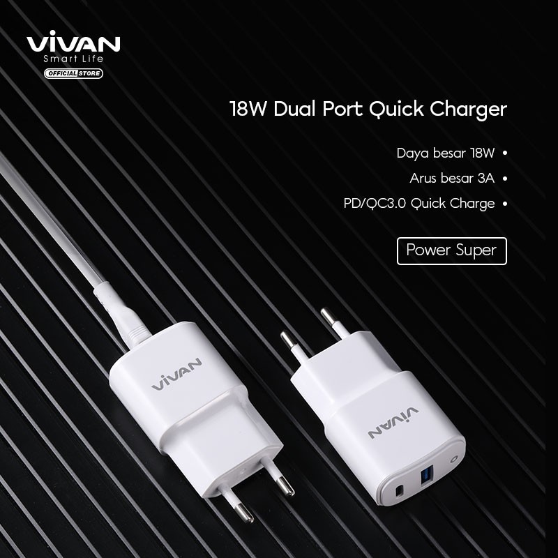 Charger VIVAN Power Super II 18W 3A Quick Charging Fast Charging QC 3.0 + Type C Port PD POWER DELIVERY Smart Protection PLUS KABEL USB TYPE C - Garansi Resmi 1 Tahun