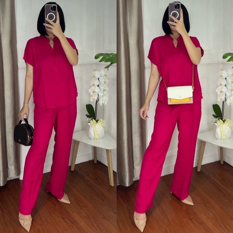 ONE SET TWILL PIYAMA SET TWILL/PAJAMAS/DAILY ONE SET/SETELAN / SETCEL / KEMEJA RAYON / RAYON TWILL-FUSCHIA TWILL