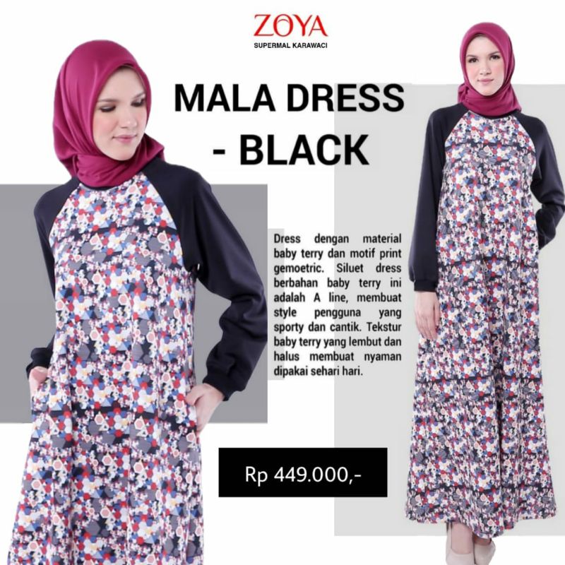 ZOYA MALA DRESS GAMIS HITAM MOTIF PANJANG