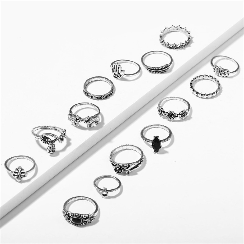 14pcs / Set Cincin Silver Antik Desain Bulan Bintang Gajah Ular Palm Hitam Untuk Wanita