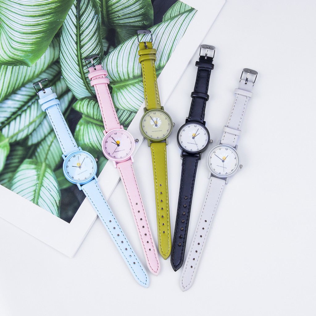 Jam Tangan Wanita Harajuku Strap PU Bunga Daisy Aksesoris Fashion Lucu Casual Import