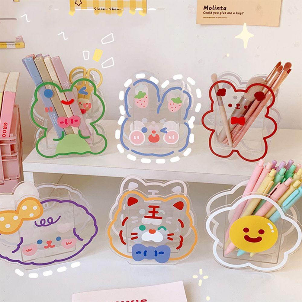 Tempat Pulpen Akrilik Kartun Nanas Kawaii Bear Lucu Vas Kosmetik Penyimpanan Multifungsi Desktop Organizer