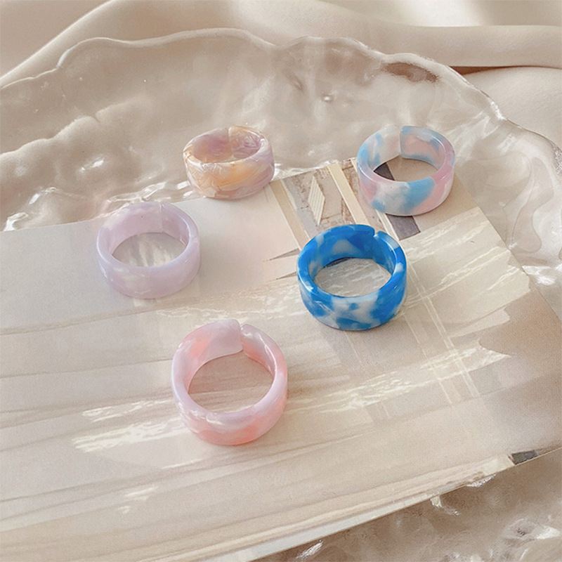 Simple geometric round candy color combination resin acrylic marble texture open ring set factory wholesale