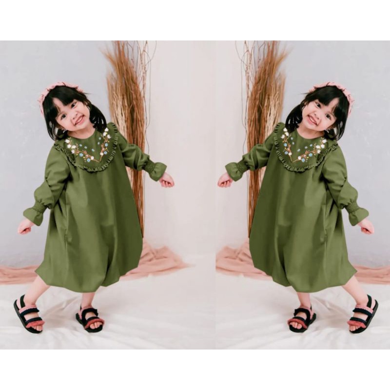 Lashoppingstore COD Dress/tunik/pakaian/baju/anak/perempuan/wanita/cewe/muslim/midi/bordir/motif bun