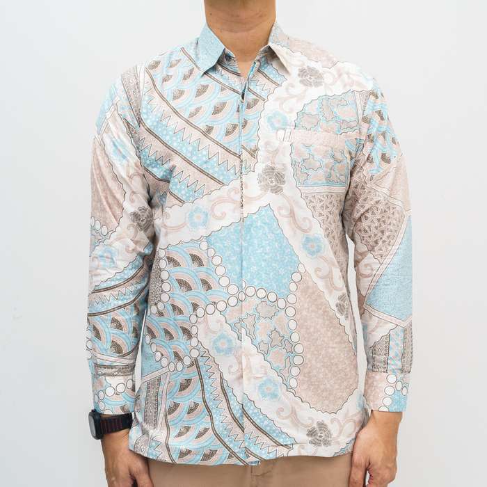 Kemeja Batik Pria Katun Premium Doby Lengan Panjang Warna Biru kombinasi Nude Full Furing