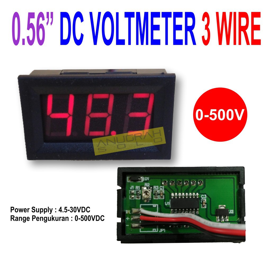 [DSP-9035] MINI DC VOLTMETER DENGAN FRAME 0.56&quot; 0-500V DC 3 KABEL MERAH