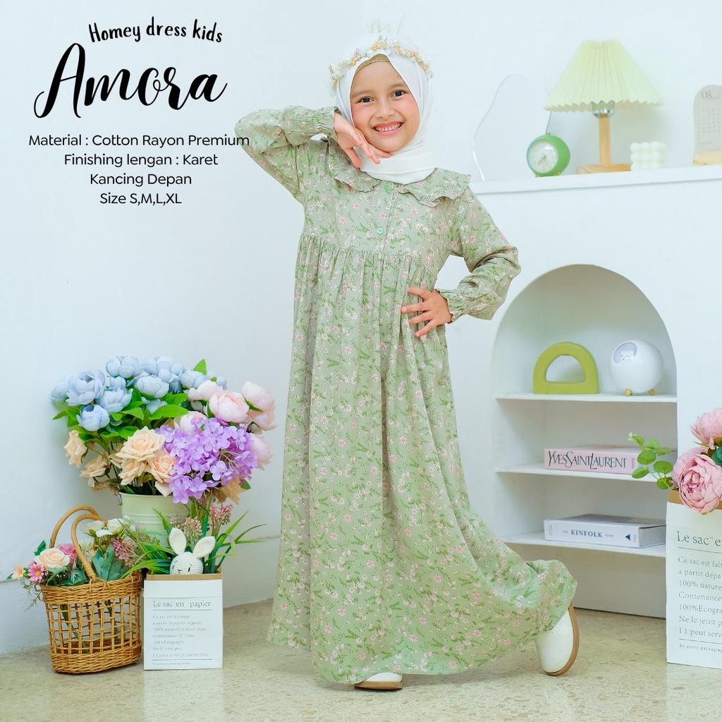 Termurah - Homey Dress Anak Motif Bunga Gamis Anak Amora Dress Muslimah Anak Usia 4-12tahun Bahan Katun Rayon Premium Nyaman Dipakai | Bisa Cod