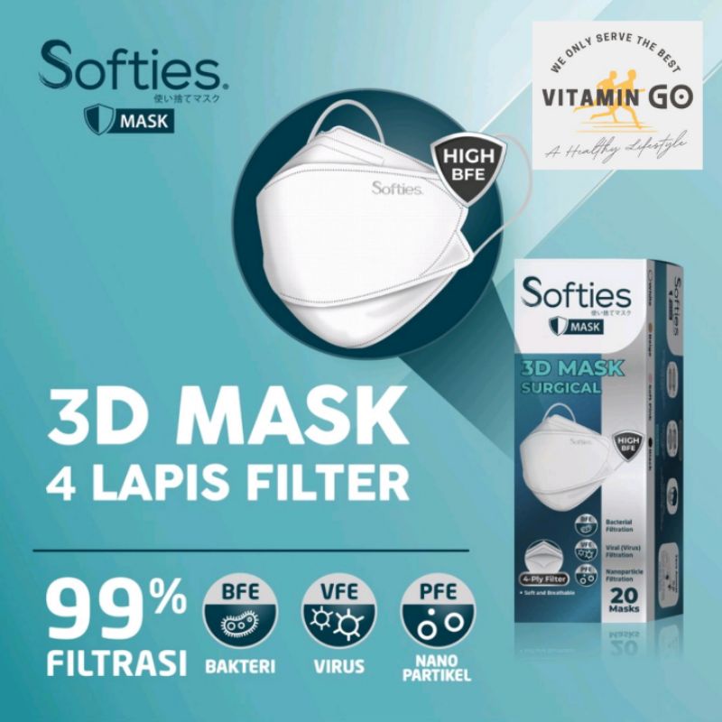 Masker Softies KF 94, 3D Surgical Mask, Isi 20, Warna Putih.