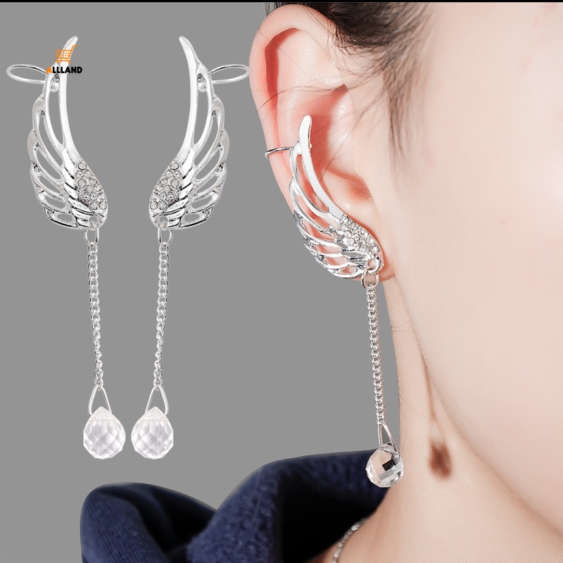 Anting Giwang Panjang Bahan Alloy Model Sayap Malaikat Warna Silver Dengan Kristal Untuk Wanita