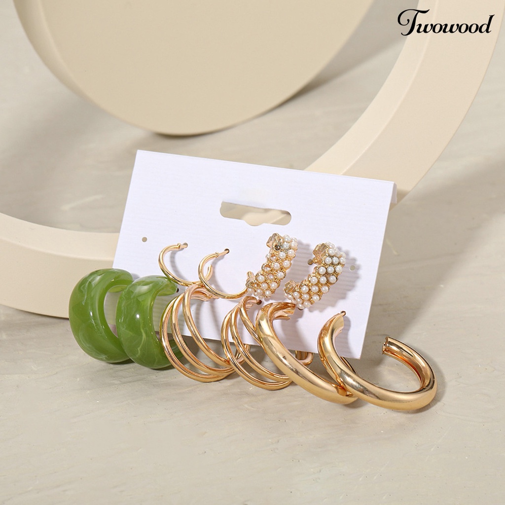 5 Pasang Anting Hoop Bentuk Bulat Aksen Mutiara Imitasi Bahan Metal Gaya Bohemian