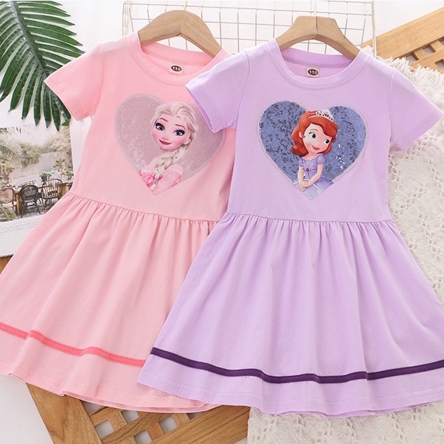 Dress Frozen Anak Perempuan Disney Elsa Anna Lengan Pendek Katun Motif Kartun Karakter Import