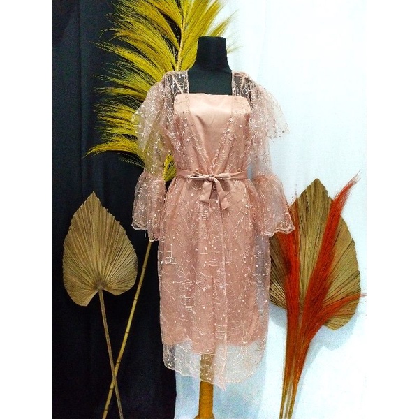 Amanda Cantika Party Dress/ Setelan Outer Cardigan Kombinasi Dress Pesta Silk Tulle mutiara