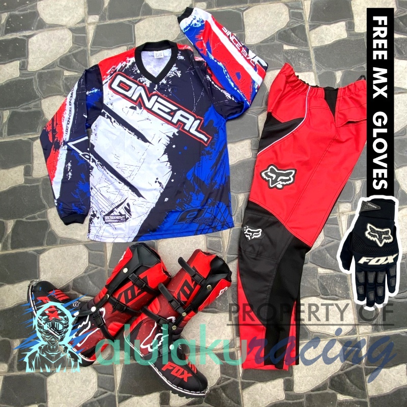 Jersey, Celana, Sarung Tangan &amp; Sepatu Fullprint with Protectors Fullset MX Trail Motocross - Paket Bundling ONCTFG050303-F41