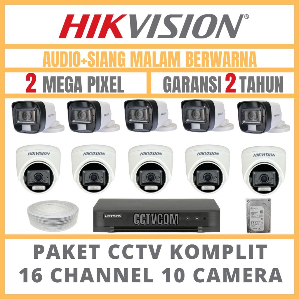 PAKET CCTV HIKVISION COLORVU 2MP 16 CHANNEL 10 CAMERA COLORFULL