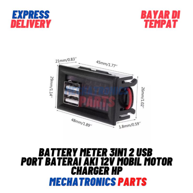 Battery Meter 3in1 2 USB Port Baterai Aki 12v Mobil Motor Charger HP