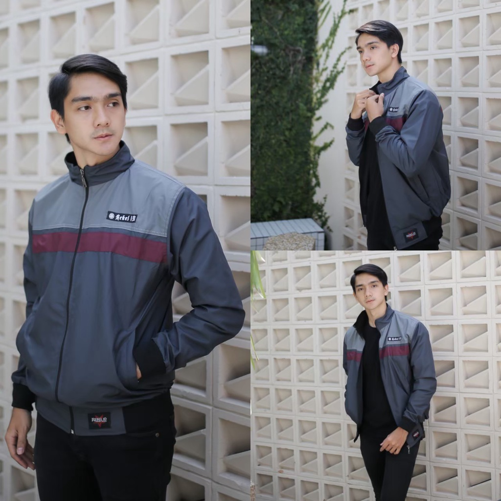 JAKET PRIA Trend Line Laki Laki Cowok Abu Hitam Merah Kombinasi Modis Trendy Waterprrof