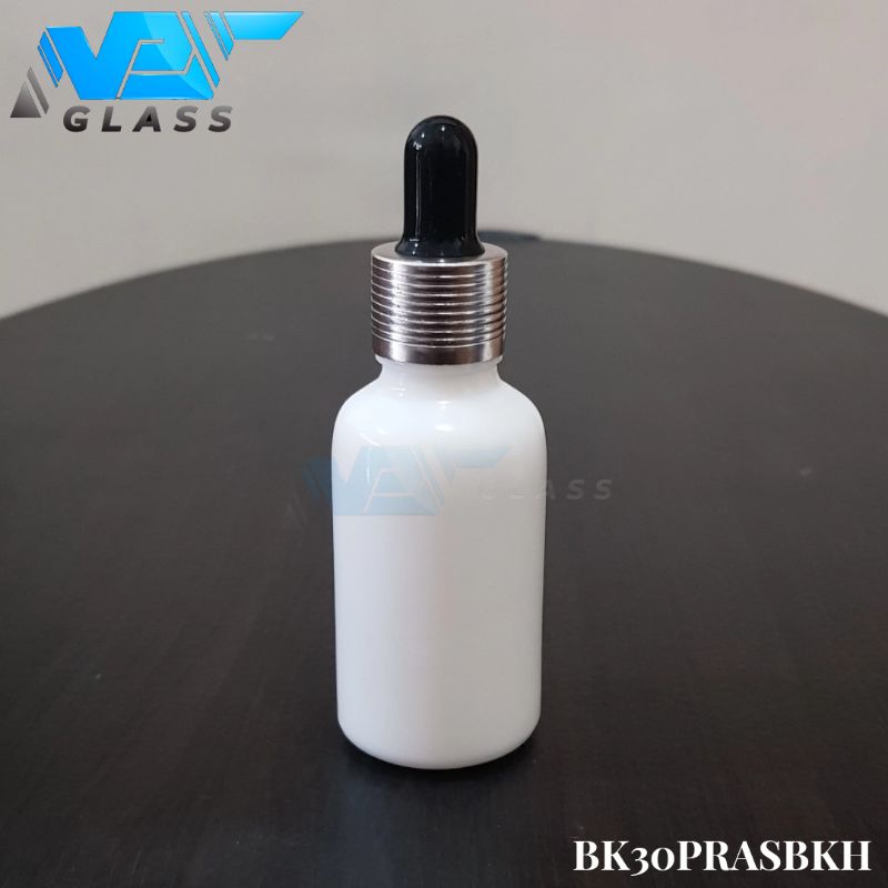 botol kaca pipet 30ml tebal putih keramik - ring almunium silver bergaris