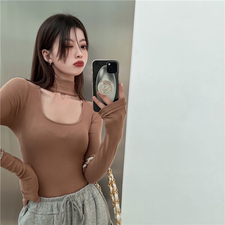 #Sisjuly# Kaos Atasan Kaos Halter Berongga Berleher Turtleneck Seksi