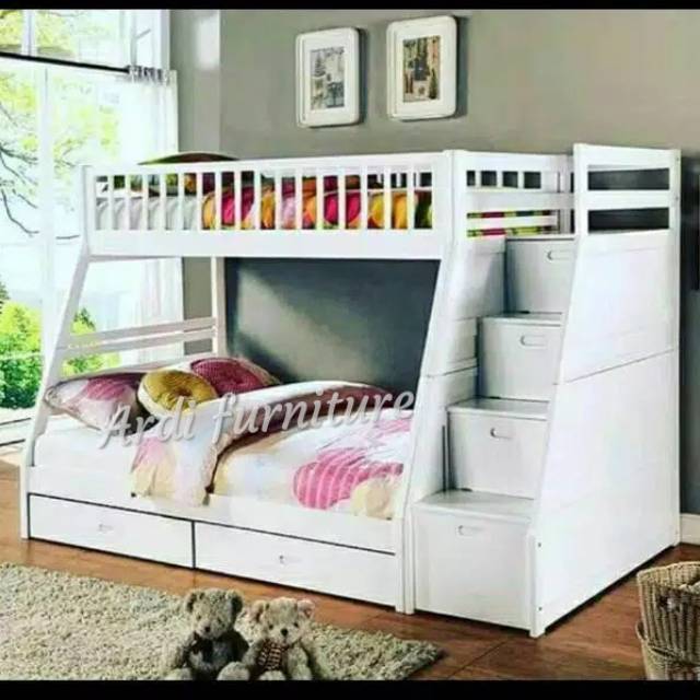 Dipan anak susun ranjang duco putih tempat tidur kayu jati bed furniture jepara