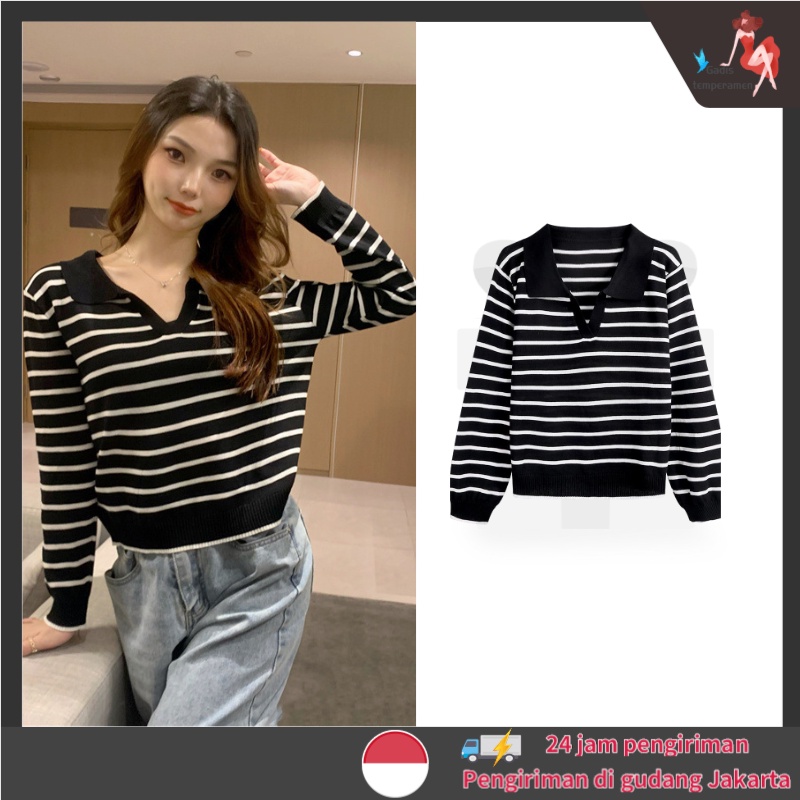 Kaos Rajut Stripe Atasan Wanita Rajut Korean Style Lengan Panjang Wanita Kaos Garis Garis Wanita