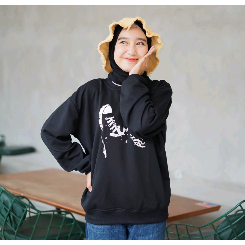 Crewneck Motip Sepatu sweater Oblong Wanita