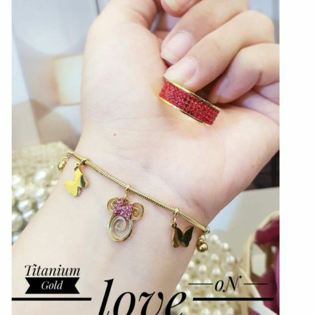 Set Perhiasan Titanium Gelang dan Cincin Gold Miki/ Mini Mouse Cincin Mata Merah
