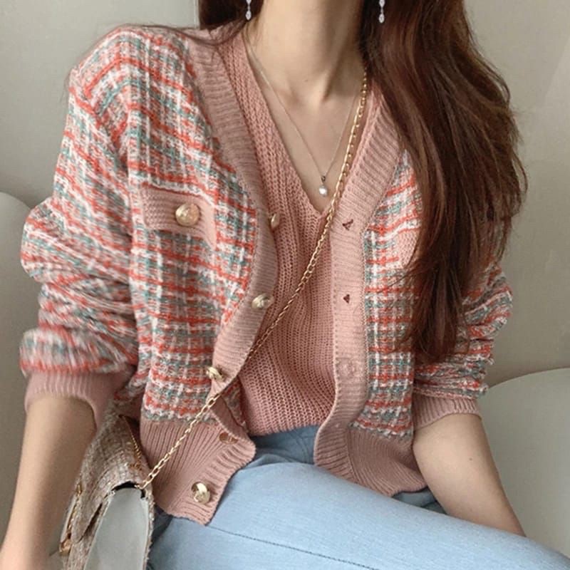 Cardigan Rajut Premium Tweed Lengan Panjang Import Korea Fit to L | Jennie Cardigan-Pink