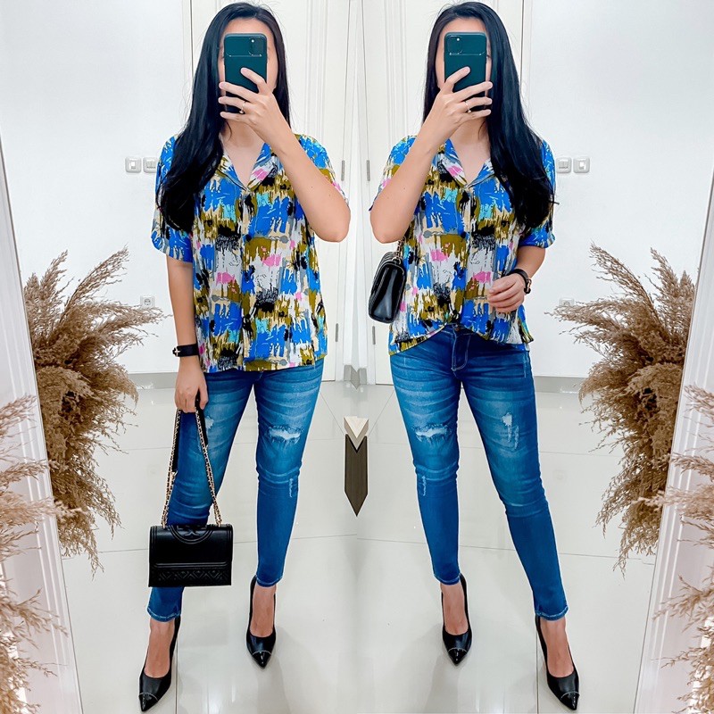 Double Lucky / Kemeja Rayon Pendek / Kemeja Wanita Rayon / Baju Atasan Wanita / Corak-2