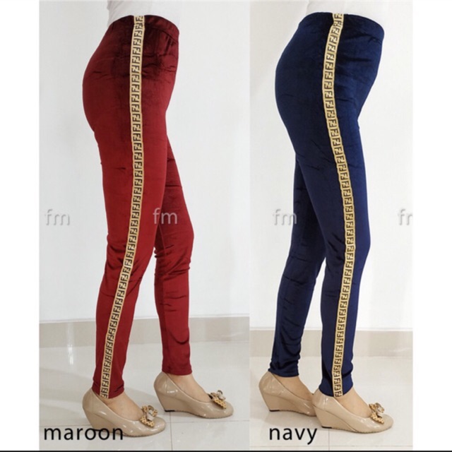 Ready 3 warna JC Legging Bludru List Fendi / Legging velvet wanita termurah