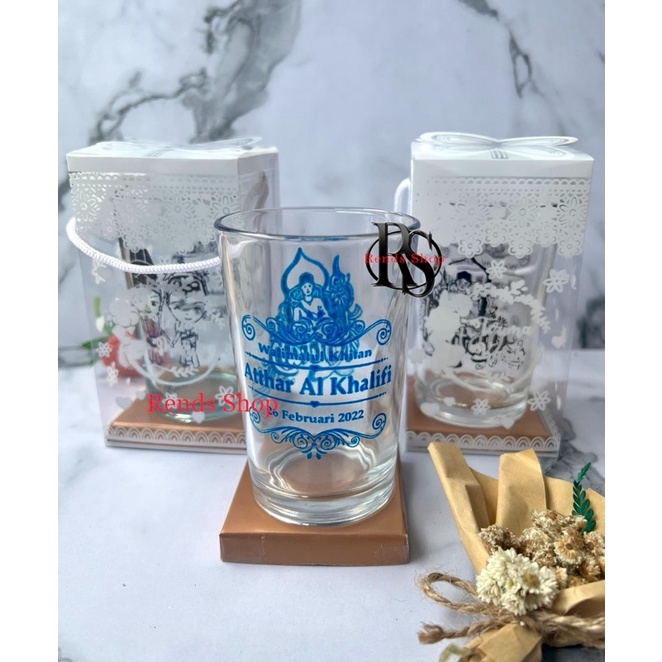 GRATIS SABLON Souvenir Gelas H10 V Bening Kemas Mika + Alas - Sovenir Pernikahan Cangkir Kopi Kaca H