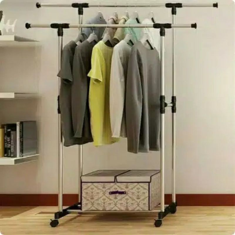 stand hanger gantungan baju besi stainless double pole besi ganda 4 roda