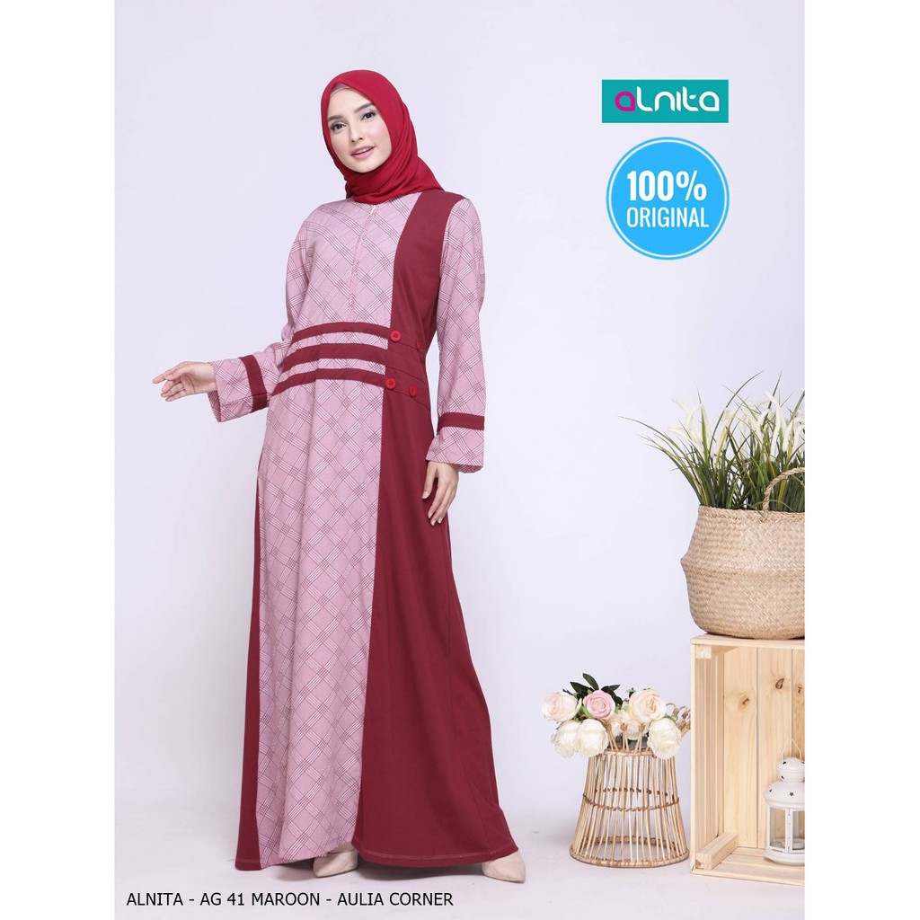 Busana Muslim Gamis Alnita AG 41 Maroon ORIGINAL Model Baju Gamis Muslimah Warna Putih