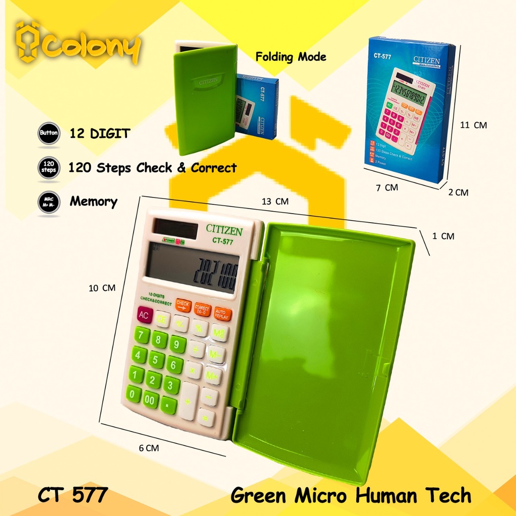Citizen CT-577 Hijau Kalkulator Mini Saku Kecil Digital Dagang Sekolah Kantor Calculator 12 Digit Or