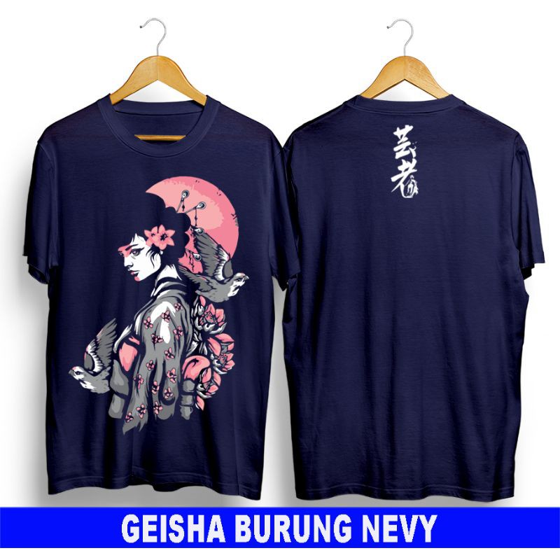 BAJU TSHIRT KAOS PRIA JEPANG GEISHA BURUNG NAVY