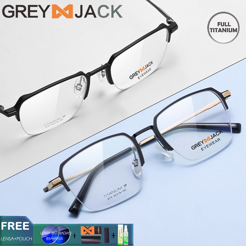 Grey Jack Kacamata Antiradiasi Blueray Photocromic Titanium model Kotak Half Frame Elegant Ringan Le