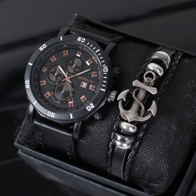 jam tangan pria Montblanc kulit crono off tgl aktif free gelang random DM4.6cm