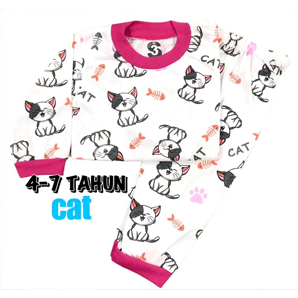 (1 KG MUAT 6 STEL) BAJU TIDUR ANAK KIDS PEREMPUAN/CEWEK SETELAN BAHAN KAOS KATUN 4-7 TAHUN KUCING/CAT