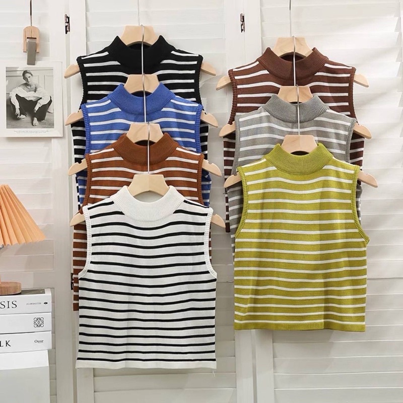 Tanktop Wanita - Atasan knit TURTLENECK - Korean Top Kerah Tinggi Salur