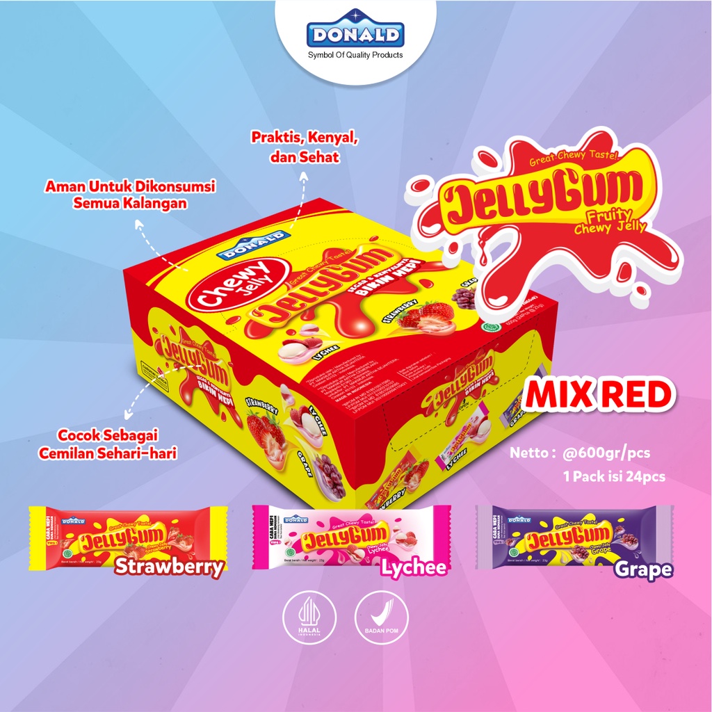 

Donald Jelly Gum Permen Jeli Gummy Great Chewy Taste Aneka Rasa All Varian Mix Praktis Kenyal Sehat 1 Box Isi 24 x @25 Gram