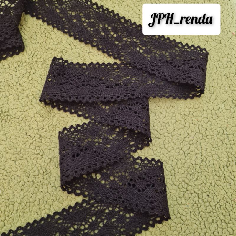 Renda rajut hitam lebar 5cm, renda kait hitam isi 15yard