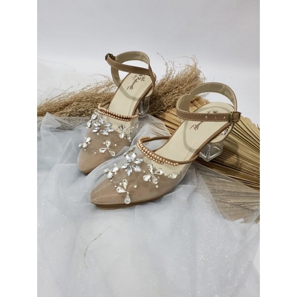 sepatu wedding diamont mocca tali tinggi 7cm kaca