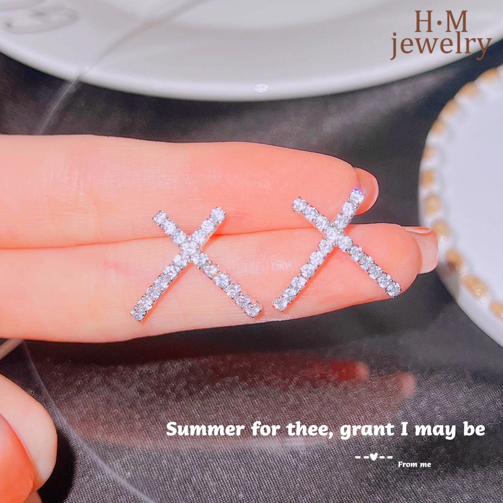 Anting Tusuk Sterling Silver Bentuk X Silang Hias Berlian Imitasi Untuk Wanita