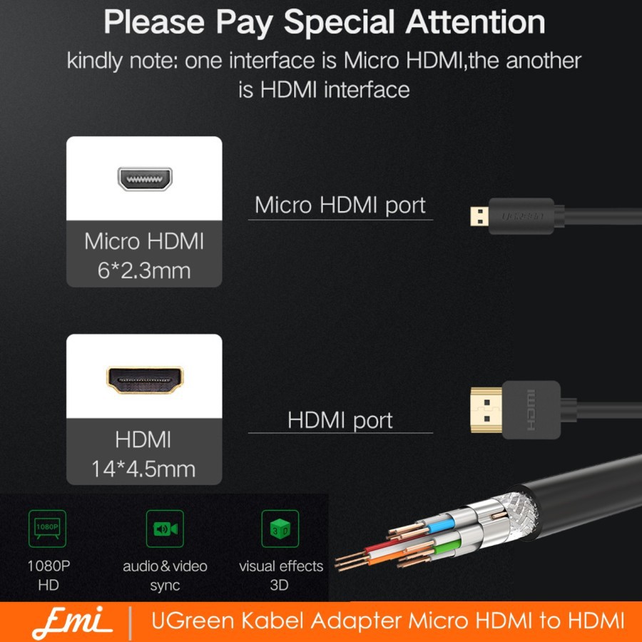 UGreen Kabel Adapter Micro HDMI to HDMI Male 3M