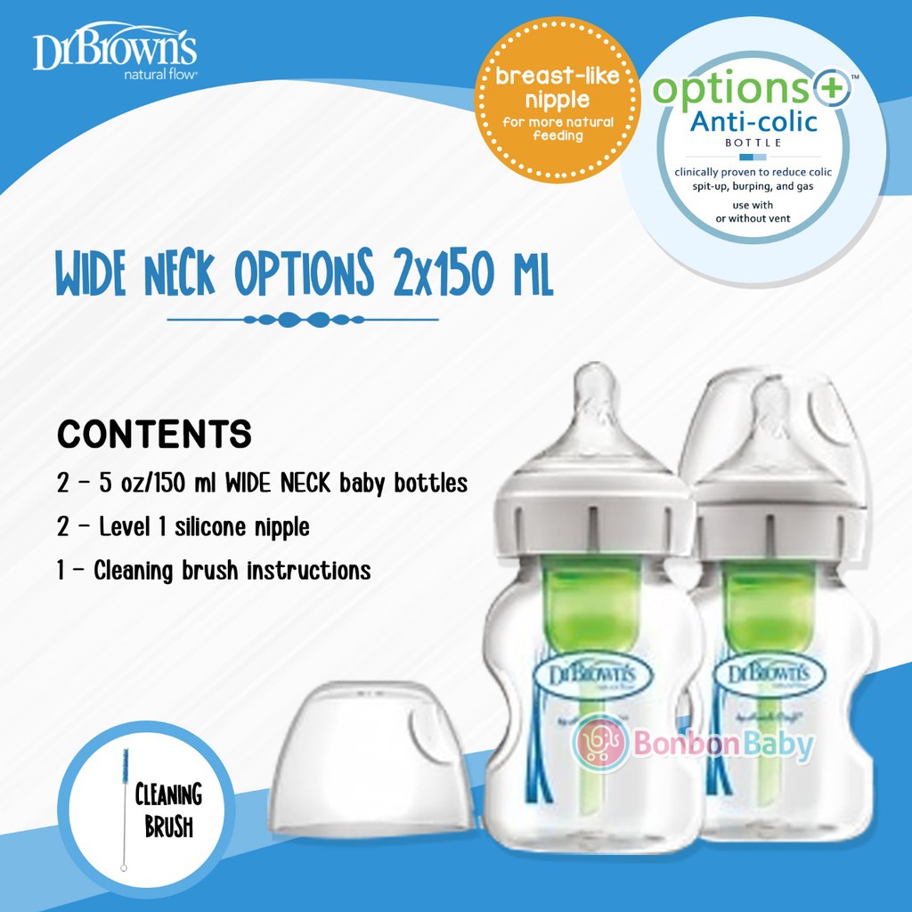 Dr Brown's Bottle Wide Neck Option+ 150ml Isi 2  WB-52600 / botol susu bayi