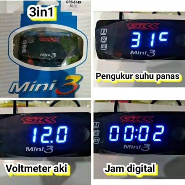 Volt Meter Motor Digital 3in1 Accu Aki,Jam &amp; Temperature