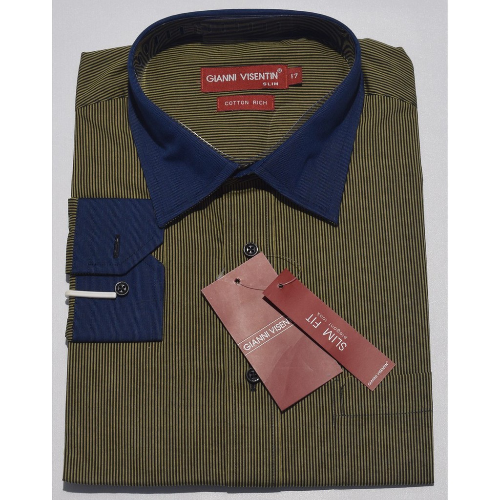 Kemeja Pria GIANNI VISENTIN Lengan Panjang Kuning Hitam Salur Slim Fit A0492 Original & Real Picture