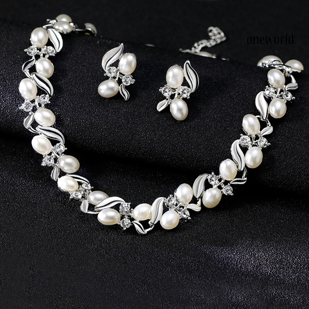 OW@ Fashion Rhinestone Faux Pearl Necklace Earrings Women Bride Wedding Jewelry Set