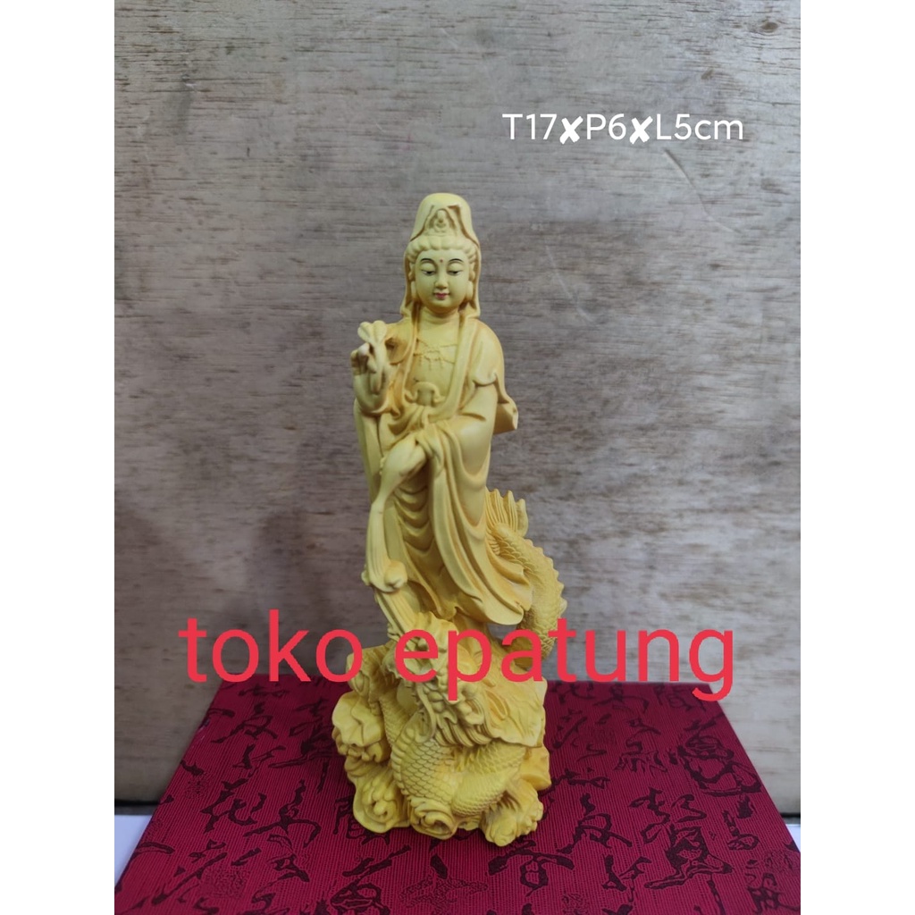 patung dewi kwan im kwan in guan yin berdiri naga kayu 17 cm