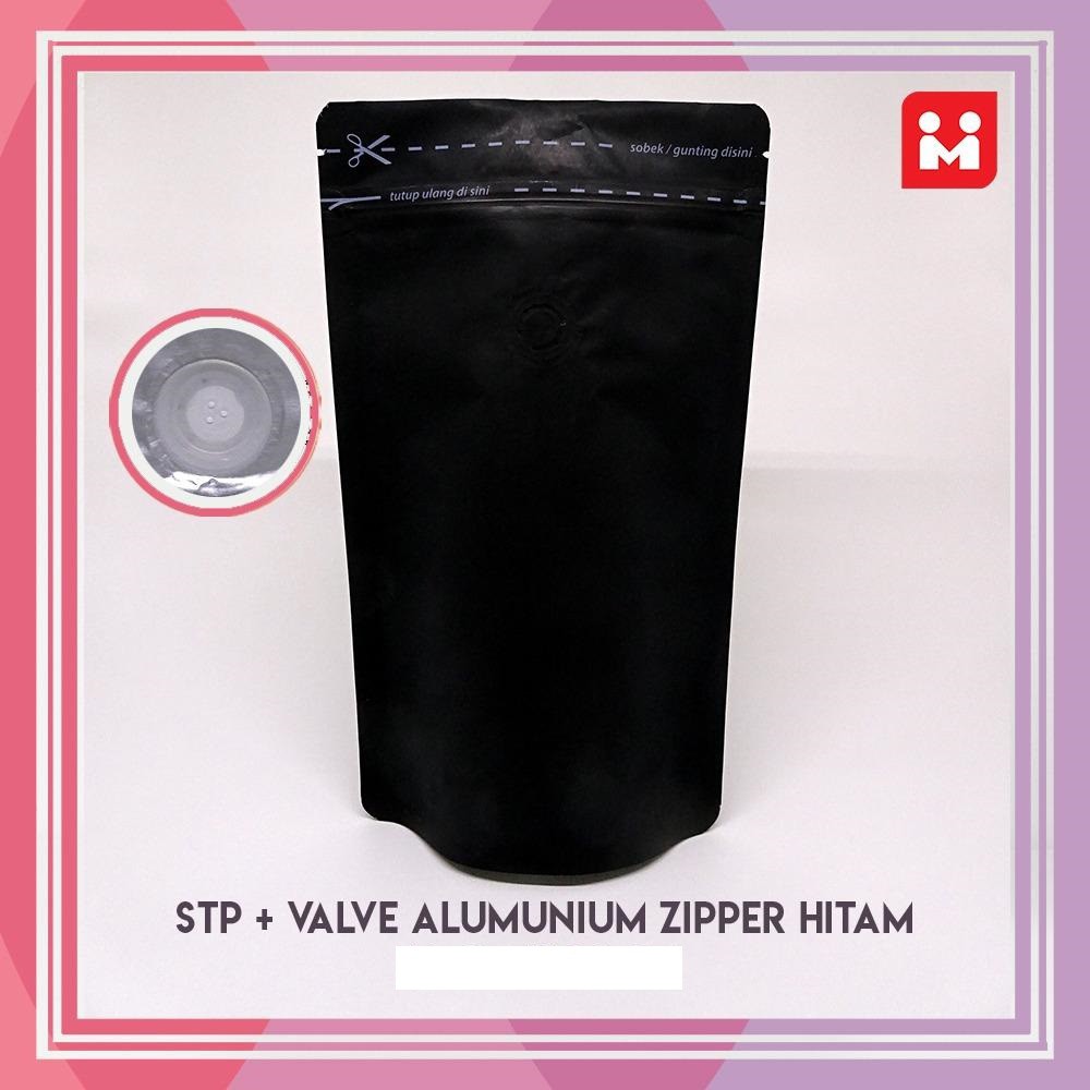 Kemasan Kopi Standing Pouch Valve + Zipper Hitam 250gr